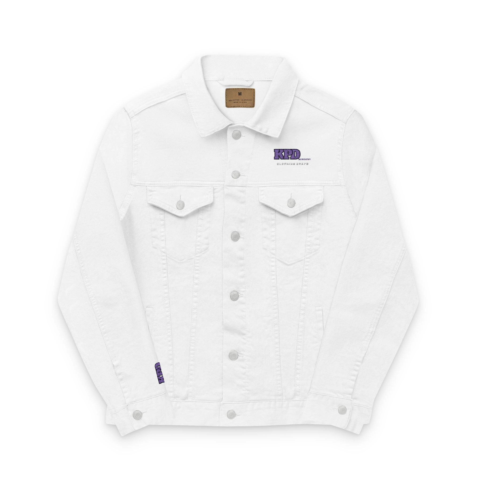 KPD Ministry Embroidered Unisex Denim Jacket - Trendy White Outerwear for All Occasions