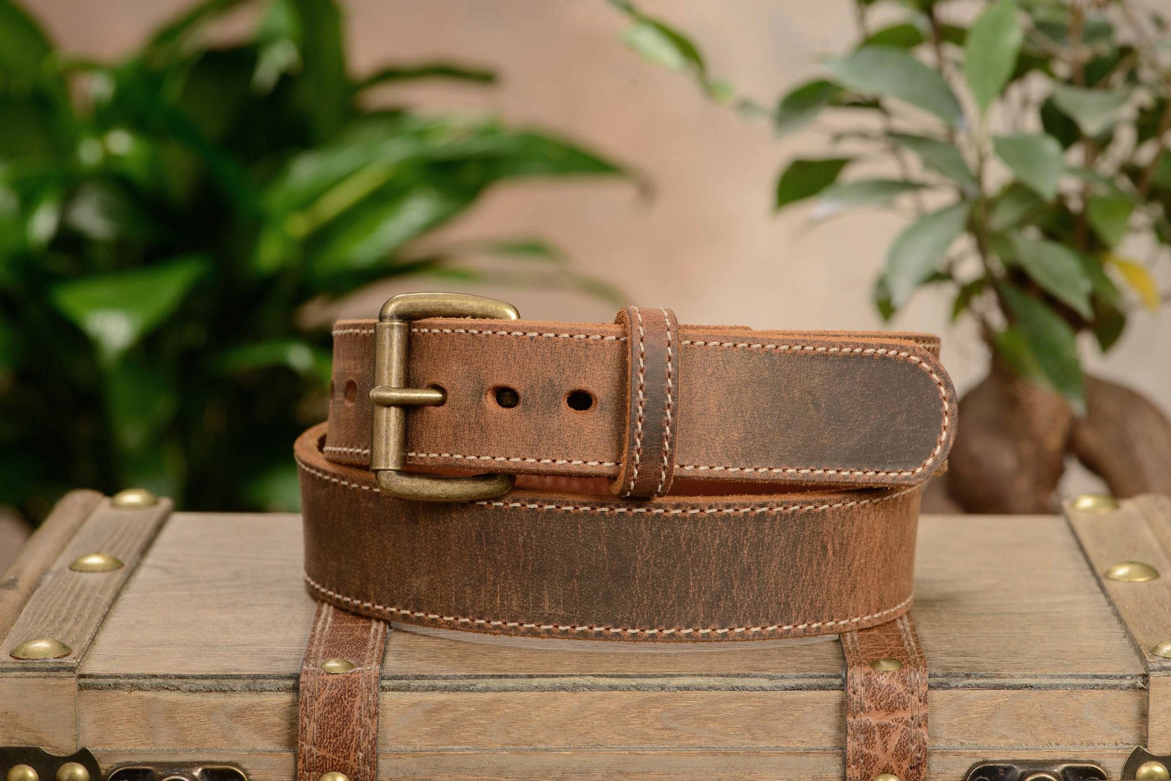 The Crazy Horse: Men's Oil Tanned Stitched Leather Belt Max Thick 1.50"