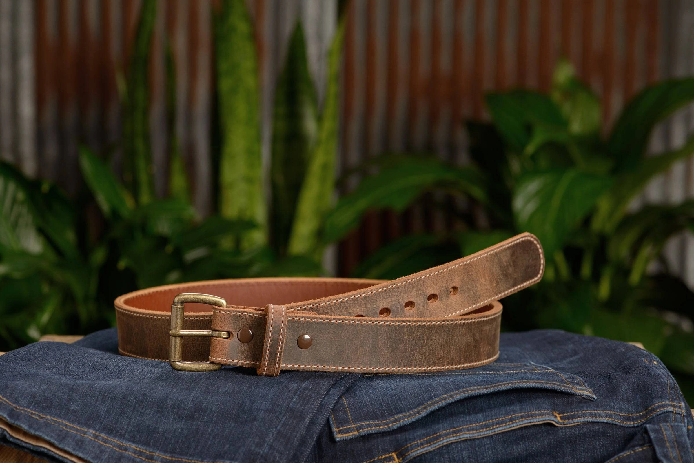 The Crazy Horse: Men's Oil Tanned Stitched Leather Belt Max Thick 1.50"