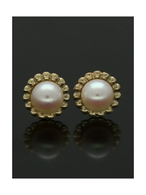 White Cultured Pearl Beaded Stud Earrings in 9ct Yellow Gold